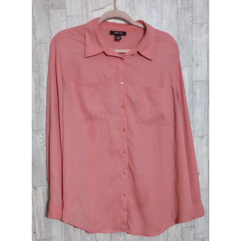 Style & Co Blouse L/S Collared Solid Button Up Career Basic Peach/Pink‎ Sz Large